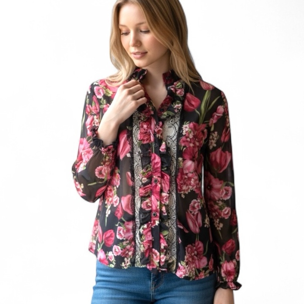 Flavio Castellani Silk Floral Sheer Blouse Black Pink Lace Ruffle.